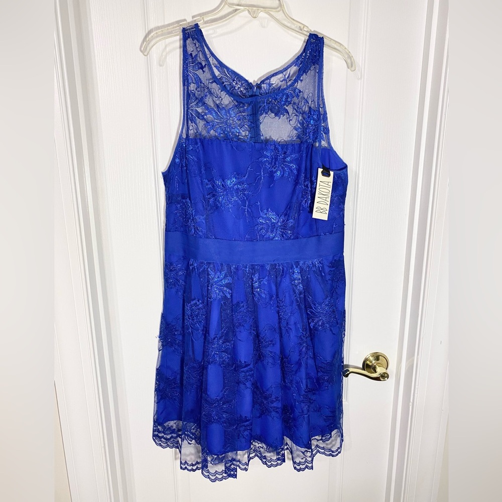 BB Dakota Sparkly Floral Lace Scalloped Hem Sleeveless Mini Dress Blue Size 14